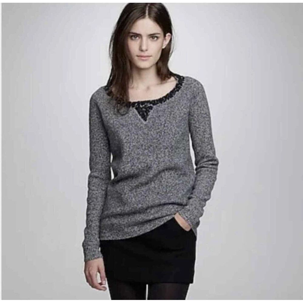 J Crew Gray Lambswool Boyfriend Black Sequins Crewneck‎ Sweater Womens S